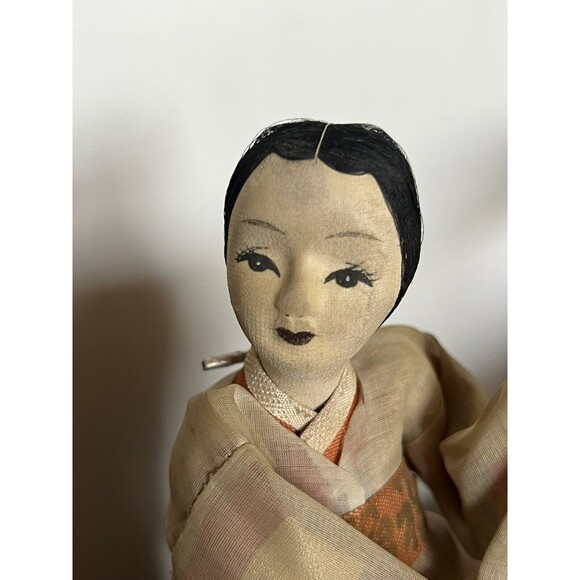 Vintage Korean Cloth Doll 10”  Wearing Traditional Hanbok With Wood Stand - Picture 7 of 12